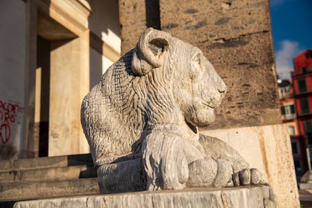 Vista de cerca de una escultura de león de piedra blanca bajo la luz del sol, con arquitectura histórica de náufragos, italia en el fondo