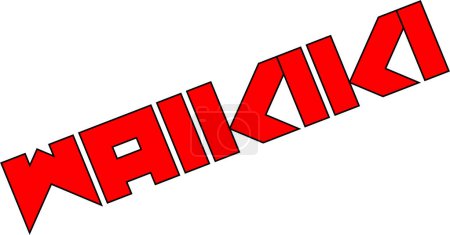 Illustration anglée du mot "waikiki" en lettres rouges vives, créant un élément de design graphique dynamique et attirant l'attention
