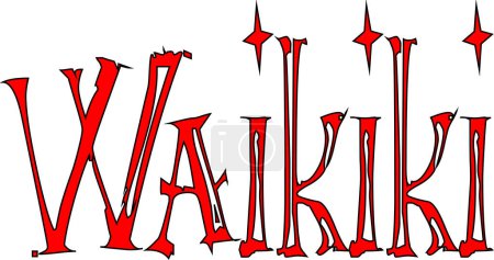 Ilustración de Vibrante ilustración de signo de texto waikiki con letras rojas y negras estilizadas. Acentos brillantes. Y tipografía tropical. Perfecto para viajes y publicidad turística. Carteles - Imagen libre de derechos