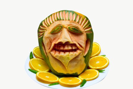 Foto de Concepto de comida creativa. Divertido retrato de papaw halloween hecho de papaw, naranja y chile. Aislar en blanco - Imagen libre de derechos