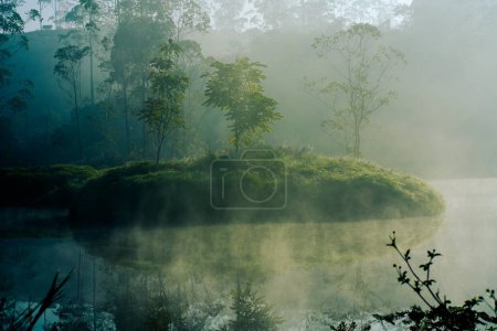Early morning fog rising above calm lake in the White Mountains in sri lanka