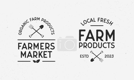 Illustration for Farmers market vintage logo. Farmers Market template logo with shovel and pitchfork. Farm icons isolated on white background. Shovel and pitchfork icons. Vector illustration - Royalty Free Image