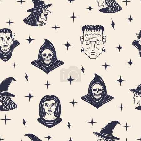 Illustration for Halloween Background. Halloween seamless pattern. Vintage monsters heads isolated on white background. Vector illustration - Royalty Free Image