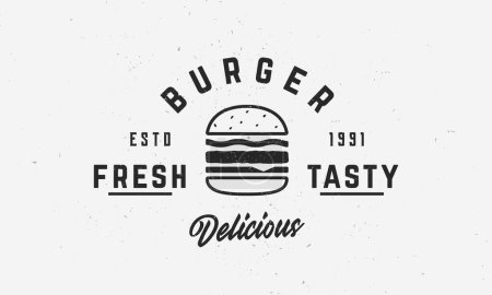 Ilustración de Hamburguesa, plantilla de logotipo de vector de hamburguesa. Burger emblema, diseño de póster. Logotipo de café hamburguesa vintage. Textura grunge artesanal. Logo de comida rápida. - Imagen libre de derechos