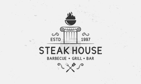 Téléchargez les illustrations : Logo Steak House, étiquette. Logo de barbecue vintage avec ancienne colonne, gril, fourchette et spatule. Design branché hipster. Logo, Affiche pour barbecue, restaurant, steak house. Modèle d'emblème. Illustration vectorielle - en licence libre de droit