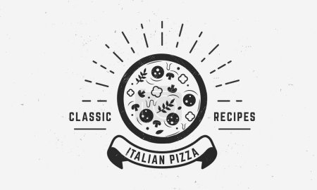 Ilustración de Pizza italiana vector logotipo plantilla. Pizza emblema, diseño de póster. Logo del restaurante Vintage Pizza, póster con pancarta de cinta, rayos de luz y textura grunge. - Imagen libre de derechos