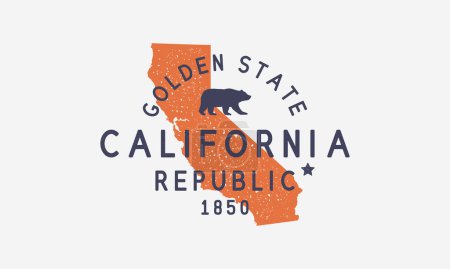 Illustration for California State logo, emblem, label. The Golden State. Print for T-shirt, typography. USA California vintage design. California map. San Francisco, San Diego, Los Angeles emblem. Vector illustration - Royalty Free Image