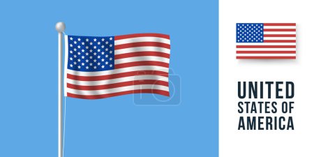 Ilustración de Bandera realista de Estados Unidos aislada sobre fondo azul. Gráfico de bandera estadounidense 3D para banner, etiqueta, diseño de insignia. EE.UU. ondeando plantilla de bandera para el día conmemorativo, 4 de julio, Acción de Gracias. Ilustración vectorial - Imagen libre de derechos