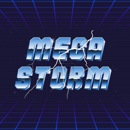 Ilustración de Logo de neón retro Mega Storm. Diseño del logo de los 80 con relámpago. Plantilla de logotipo vectorial. - Imagen libre de derechos