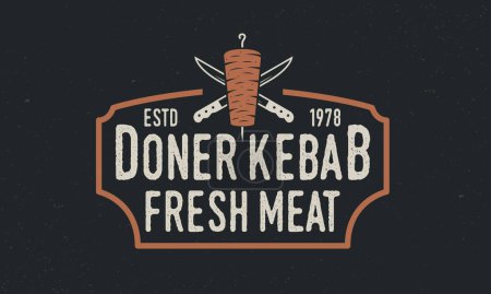 Téléchargez les illustrations : Logo vintage Doner Kebab. Doner Kebab avec couteaux kebab et cadre vintage. Design vintage hipster avec texture grunge. Illustration vectorielle - en licence libre de droit