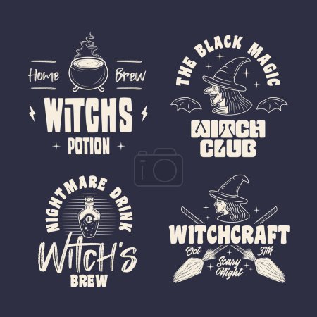 Téléchargez les illustrations : Logo de la sorcière. 4 Étiquettes, badges, emblèmes liés aux sorcières. Emblème d'Halloween, modèles d'affiches. Illustration vectorielle - en licence libre de droit