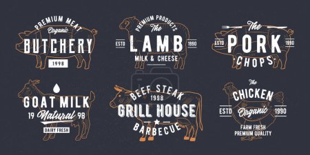 Illustration for Farm animals logo set. Butchery, Grill, Meat, Dairy logos. Cow, Goat, Chicken, Pig, Lamb silhouettes. Retro print. Vintage poster template. Vector Illustration - Royalty Free Image