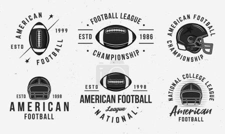 Téléchargez les illustrations : Logo de football américain. 6 emblèmes de football avec des casques et des ballons icônes. Imprimé pour t-shirt, typographie. Emblème, gabarits d'affiches. Illustration vectorielle - en licence libre de droit