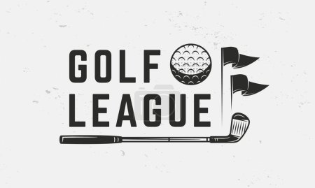 Illustration for Golf league logo, poster template. Golf emblem, banner, poster. Golf club, ball and flags isolated on white background. Vector emblem - Royalty Free Image