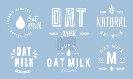 Illustration for Oat Milk products labels, emblems and logos. Oat milk logo set with wheat icon, milk drop, bottle. Trendy vintage design. Vector illustration - Royalty Free Image