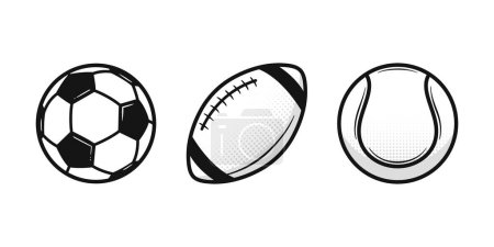 Ilustración de Set de pelotas deportivas vintage. Fútbol, fútbol americano, tenis. Iconos deportivos aislados sobre fondo blanco. Elementos de diseño para logo, póster, emblema. Ilustración vectorial - Imagen libre de derechos