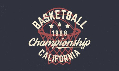 Illustration for Basketball championship logo. Basketball print. Trendy retro logo. Vintage poster with text and ball silhouette. Template. Vector Illustration - Royalty Free Image