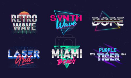 Illustration for Set of Retro 80s logos. Retrowave, Synthwave logo. Retro 80's logos set for Night club, music album, party invitation designs. Print for t-shirt, tee. 20 colorful neon logo designs. - Royalty Free Image