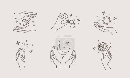 Illustration for Linear design with hands and simple elements. Abstract templates for logo, emblem, label. Design for cosmetics, beauty and hand crafted products. Vector illustration - Royalty Free Image