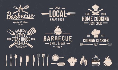 Illustration for BBQ and Cooking Class emblem set. 6 emblems and 15 elements for own design. Cooking and Kitchen logo with knives, chef hat. Grill logo with Fork and Spatula. Vector illustration - Royalty Free Image