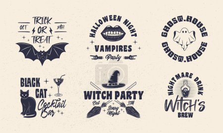 Illustration for Halloween vintage emblems. Bat, Black Cat, Witch, Ghost emblems. Halloween label, badges designs. Retro prints for T-shirt, typography. Vector illustration - Royalty Free Image