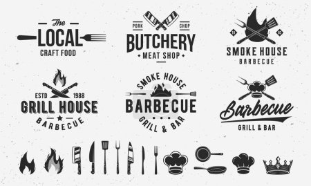 Illustration for Vintage food logo templates and 14 design elements for restaurant business. Butchery, Barbecue, Cooking Class emblems templates. Fork, knife, whisk, chef, fire, cooking icons.Vector illustration - Royalty Free Image
