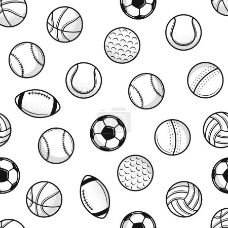 Illustration for Sports balls seamless pattern. Vintage sports balls isolated on white background. Vector illustration - Royalty Free Image
