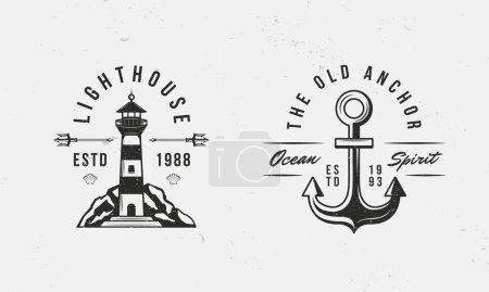 Illustration for Marine, Navy logo templates. Old vintage Lighthouse and Anchor logo with grunge texture and trident. Print for t-shirt, typography. Nautical emblems. Vector illustration - Royalty Free Image
