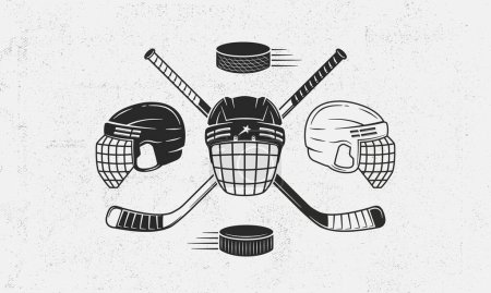 Illustration for Ice Hockey icons set. Hockey vintage emblem with black and white hockey cues, helmets and puck icons. Logo template for team, club, tournament design. Vector illustration - Royalty Free Image