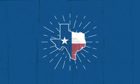 Téléchargez les illustrations : Texas icône de carte. icône du Texas avec des rayons lumineux isolés sur fond bleu. Poster Texas design avec texture grunge. Illustration vectorielle - en licence libre de droit