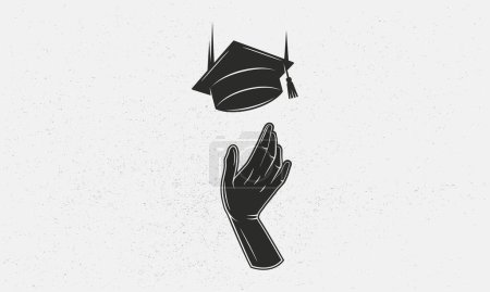 Ilustración de Concepto de graduación. Mano lanzando sombrero de graduación. Banner, póster, plantilla de logotipo para la universidad, la universidad. Ilustración vectorial - Imagen libre de derechos