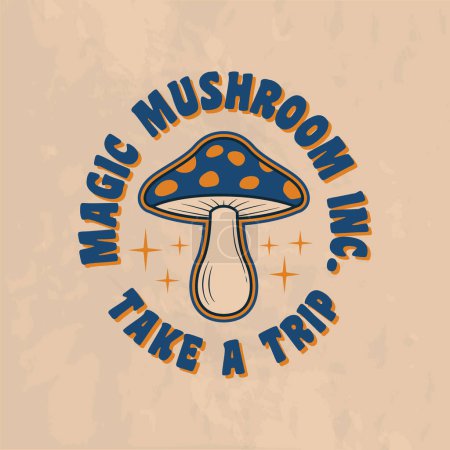 Illustration for Magic Mushroom emblem. Groovy 70s logo. Psychedelic retro logo. Hippie 1970s design. Vector Print for T-shirt, typography. - Royalty Free Image