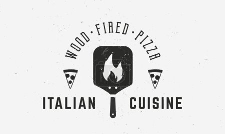 Illustration for Italian Restaurant logo, poster. Italian Cuisine. Pizza emblem with oven, pizza slice and fire flame. Vintage poster, logo for restaurant, menu design. - Royalty Free Image
