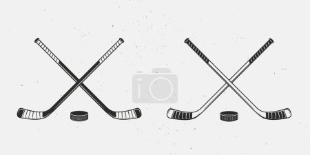 Illustration for Ice Hockey icons isolated on white background. Ice Hockey cues and pucks icons. Vintage design elements for logo, badges, banners, labels. Vector illustration - Royalty Free Image