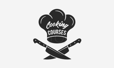 Illustration for Cooking Courses lettering on chef's hat. Cooking poster with chef's hat, knives and grunge texture. Trendy retro design for Culinary school, food studio, cooking classes. Vector illustration - Royalty Free Image