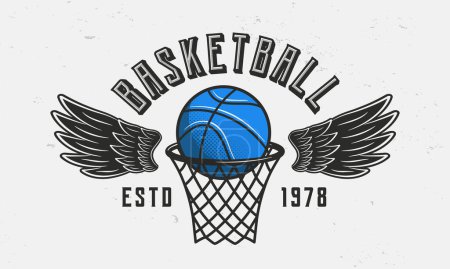 Illustration for Basketball vintage label. Basketball emblem with grunge texture. Ball with wings and basket. Hipster design. Print for T-shirt. Vector illustration - Royalty Free Image