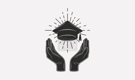 Ilustración de Logo de educación, concepto de póster. Manos con sombrero de graduado y sunburst. Banner, póster, plantilla de logotipo para la universidad, la universidad. Ilustración vectorial - Imagen libre de derechos