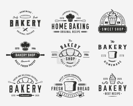 Téléchargez les illustrations : Ensemble de boulangerie logo, vintage, illustration vectorielle, élément icône - en licence libre de droit