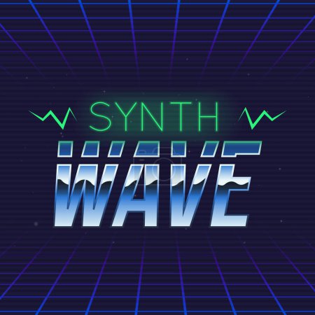 Illustration for Synthwave retro futuristic logo. Synthwave music logo design. 80's style label. Trendy retro 1980s logo design. Vector Print for T-shirt, typography. - Royalty Free Image