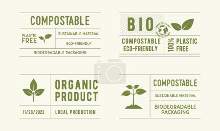 Téléchargez les illustrations : Étiquettes bio bio. Étiquettes biodégradables et compostables. Étiquettes vintage tendance pour les produits biologiques, les restaurants, les magasins d'aliments et les emballages. Illustration vectorielle - en licence libre de droit