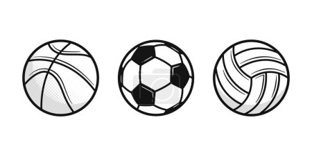 Illustration for Vintage Sports balls set. Basketball, Soccer, Volleyball. Sport icons isolated on white background. Design elements for logo, poster, emblem. Vector illustration - Royalty Free Image