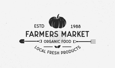 Illustration for Farmers Market with pumpkin, shovel and pitchfork. Label, badge, poster for Farmer's market, grocery store, food store. Vector illustration - Royalty Free Image