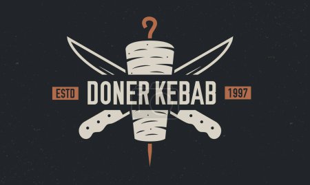 Téléchargez les illustrations : Doner Kebab, logo Shawarma, affiche. Doner Kebab avec des couteaux à kebab isolés sur fond noir. Modèle d'emblème vectoriel. - en licence libre de droit