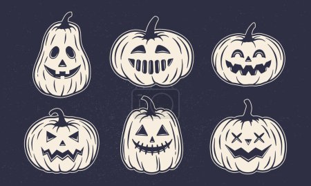 Illustration for Vintage Halloween pumpkin set. Jack o Lantern icons isolated on dark background. Funny Monsters faces. Design elements for logo, badges, banners, labels, posters. Vector illustration - Royalty Free Image