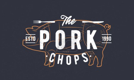 Illustration for Pork, Pig logo. Butcher, barbecue restaurant poster. BBQ trendy logo with pig engraved silhouette. Craft grunge texture. Vector emblem template. - Royalty Free Image