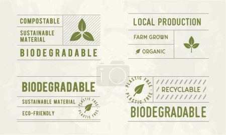 Ilustración de Conjunto de etiquetas biológicas. Etiquetas vintage biodegradables y compostables. Etiquetas Eco vintage para productos ecológicos, restaurantes, tiendas de alimentos y envases. Ilustración vectorial - Imagen libre de derechos