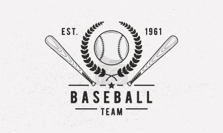 Téléchargez les illustrations : Équipe de baseball, modèle de logo du club. Logo de baseball. Baseball croisé chauves-souris avec boule et guirlande de blé isolé sur fond blanc. Emblème vectoriel - en licence libre de droit