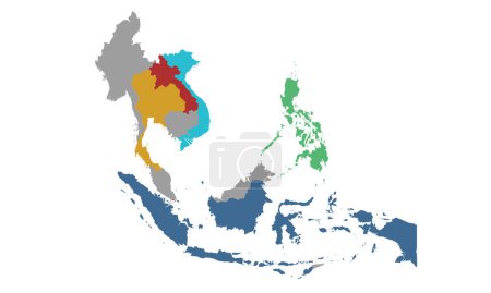 Téléchargez les illustrations : L'Indonésie, la Malaisie, la Thaïlande et le Laos sont isolés sur fond blanc. Asie du Sud-Est carte. Illustration vectorielle - en licence libre de droit