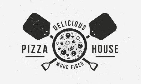 Illustration for Pizza logo with pizza shovels icons. Cooking vintage logo. Bakery template logo. Label, badge for pizzeria, cooking courses, restaurant. Vector illustration - Royalty Free Image