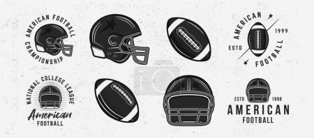 Téléchargez les illustrations : Logo de football américain. 4 emblèmes de football avec des casques et des ballons icônes. Imprimé pour t-shirt, typographie. Emblème, gabarits d'affiches. Illustration vectorielle - en licence libre de droit